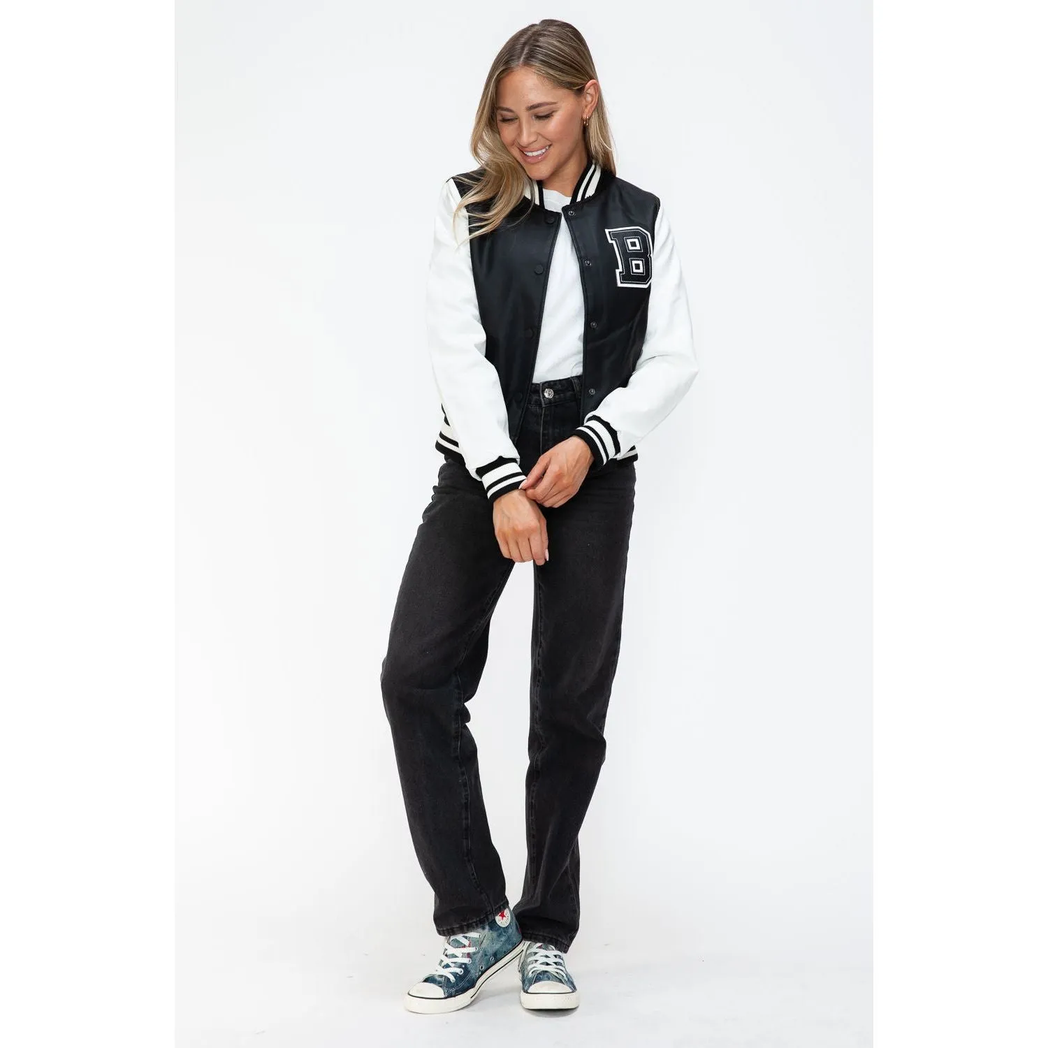 Love Me Now PU Leather Contrast Snap Down Bomber Jacket- Black