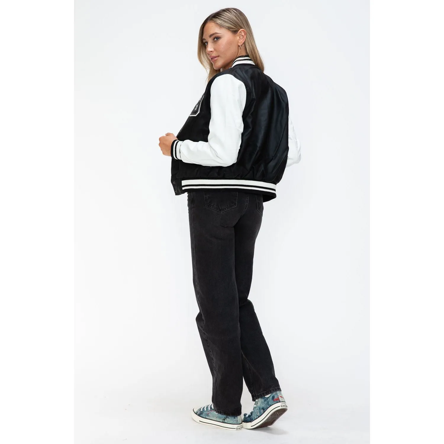 Love Me Now PU Leather Contrast Snap Down Bomber Jacket- Black