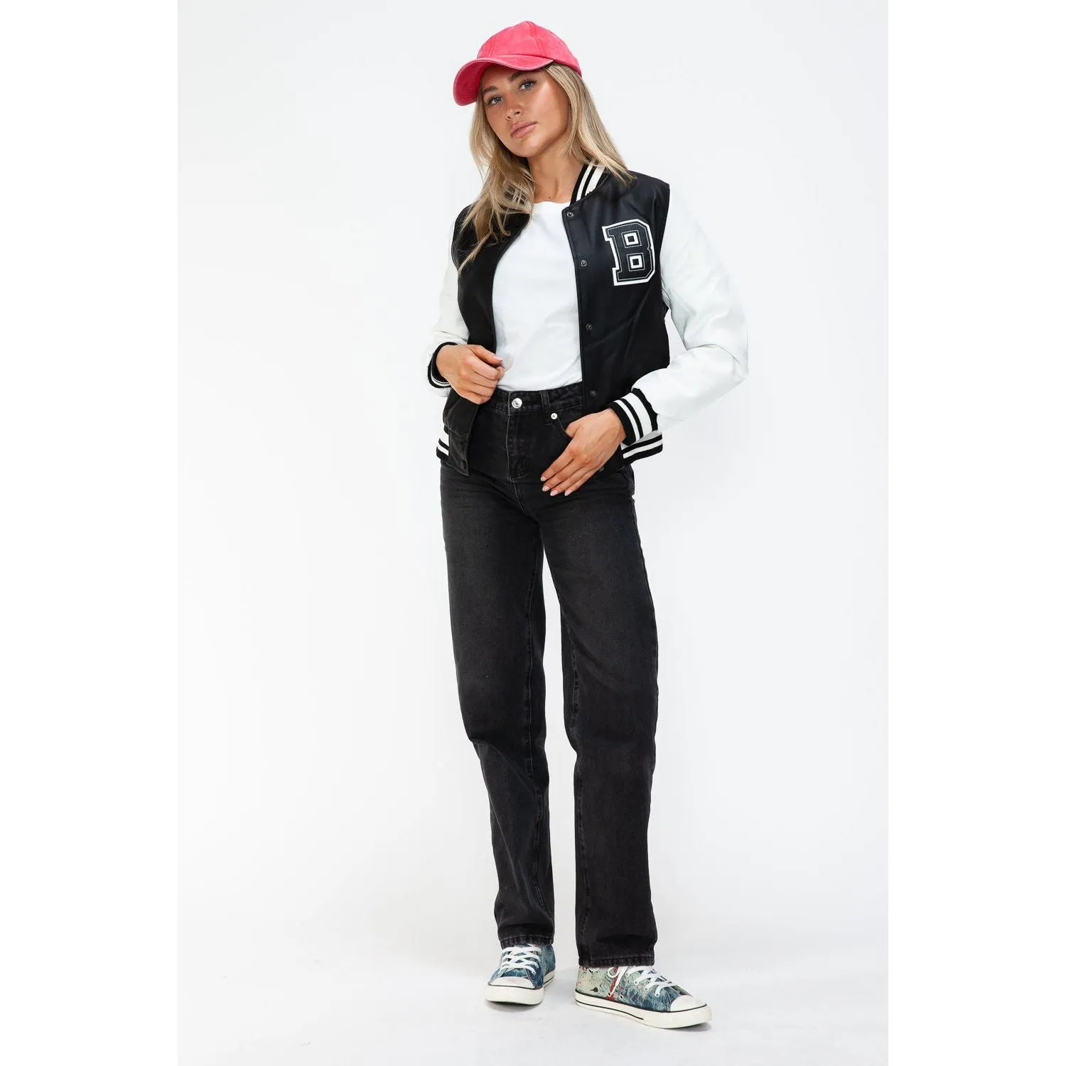 Love Me Now PU Leather Contrast Snap Down Bomber Jacket- Black