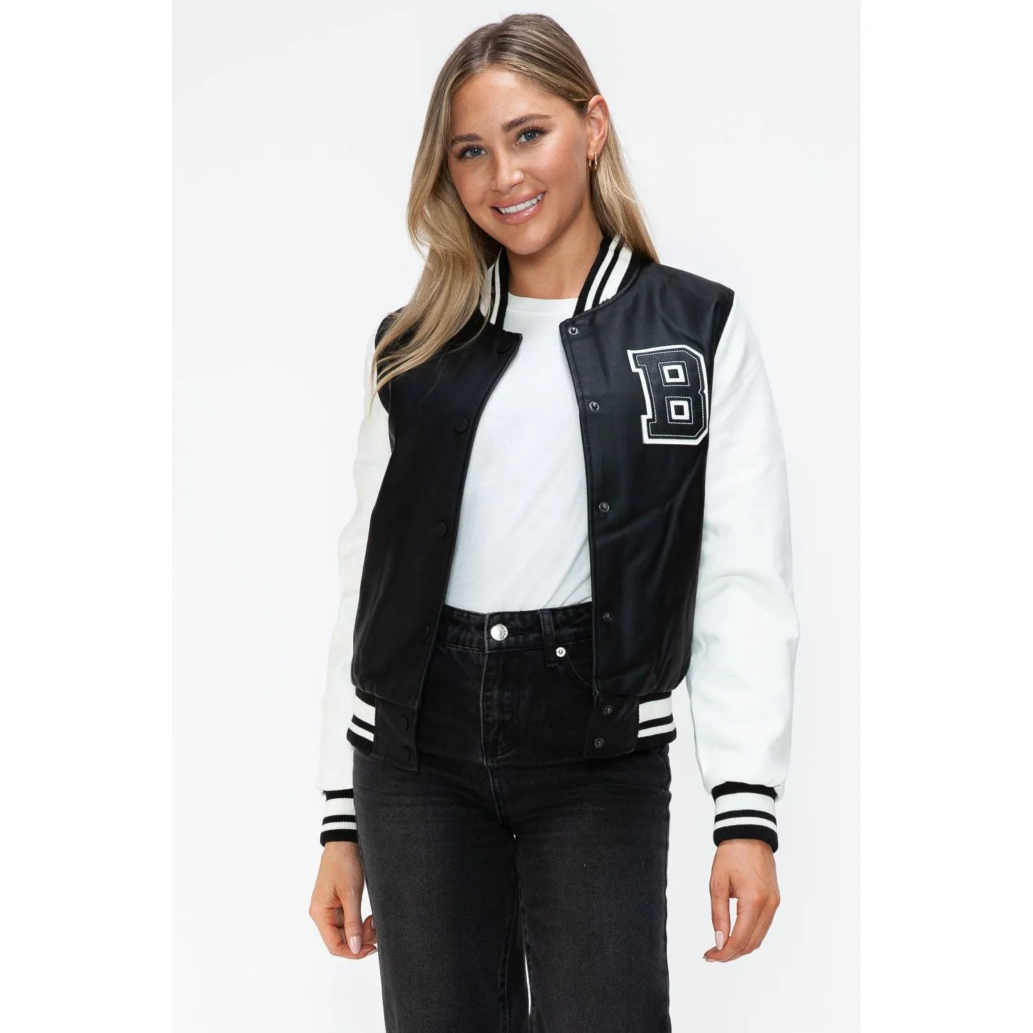 Love Me Now PU Leather Contrast Snap Down Bomber Jacket- Black
