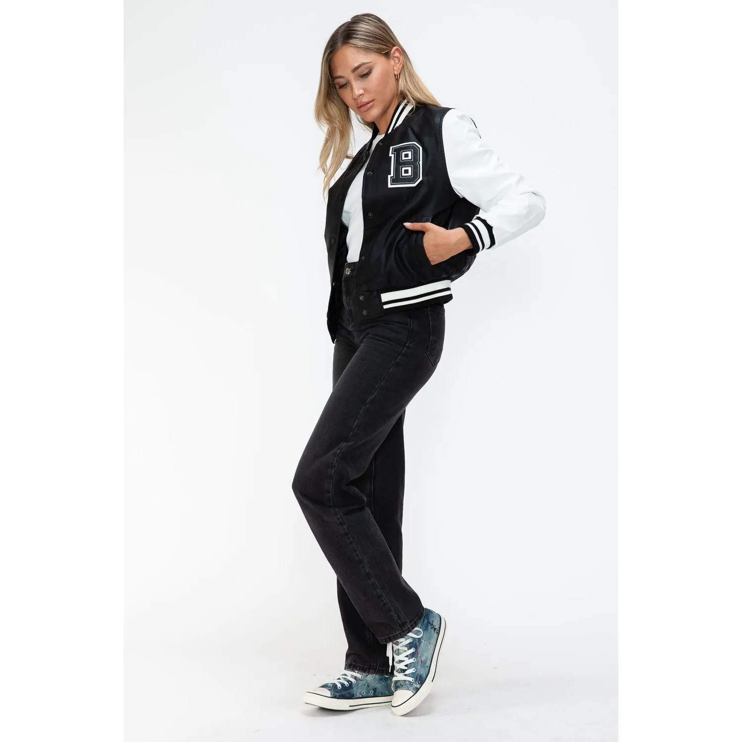 Love Me Now PU Leather Contrast Snap Down Bomber Jacket- Black