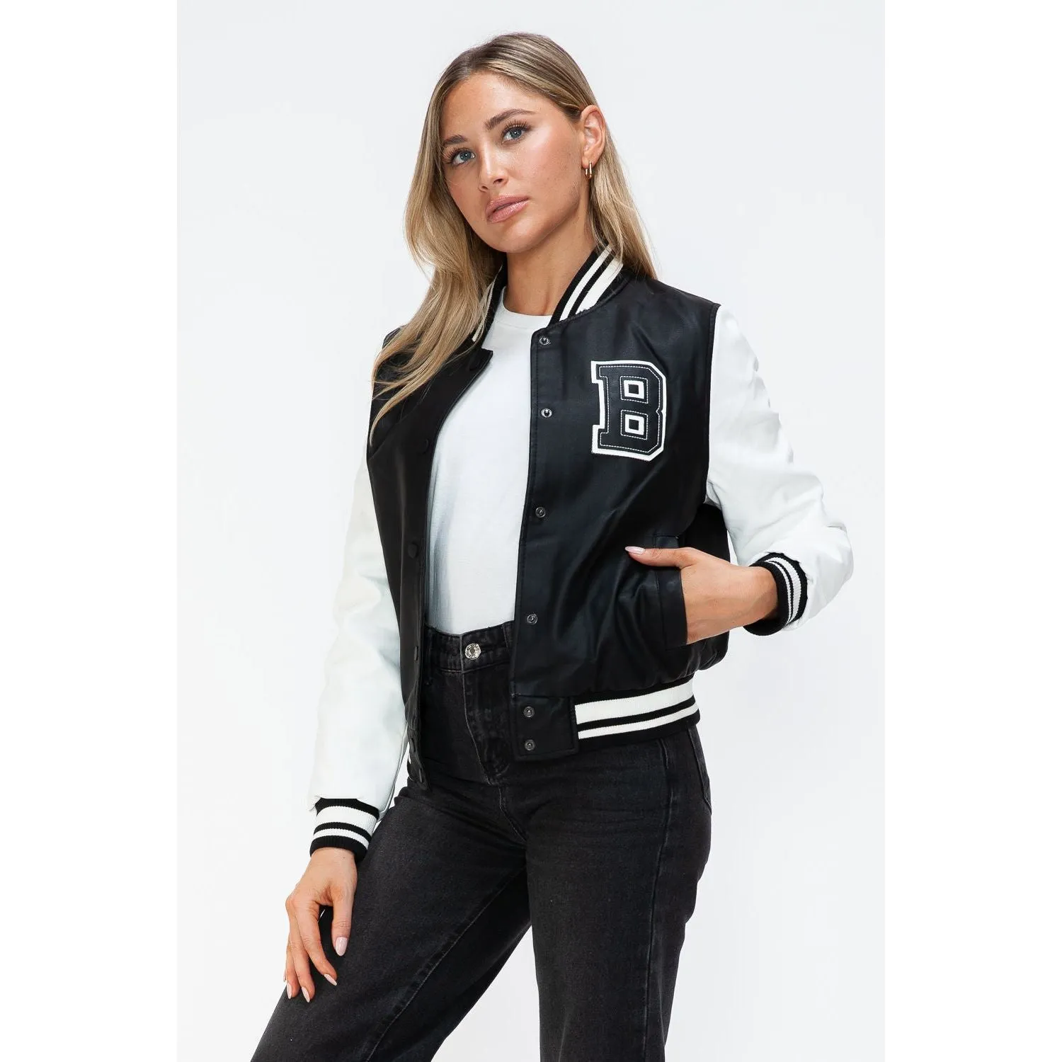 Love Me Now PU Leather Contrast Snap Down Bomber Jacket- Black