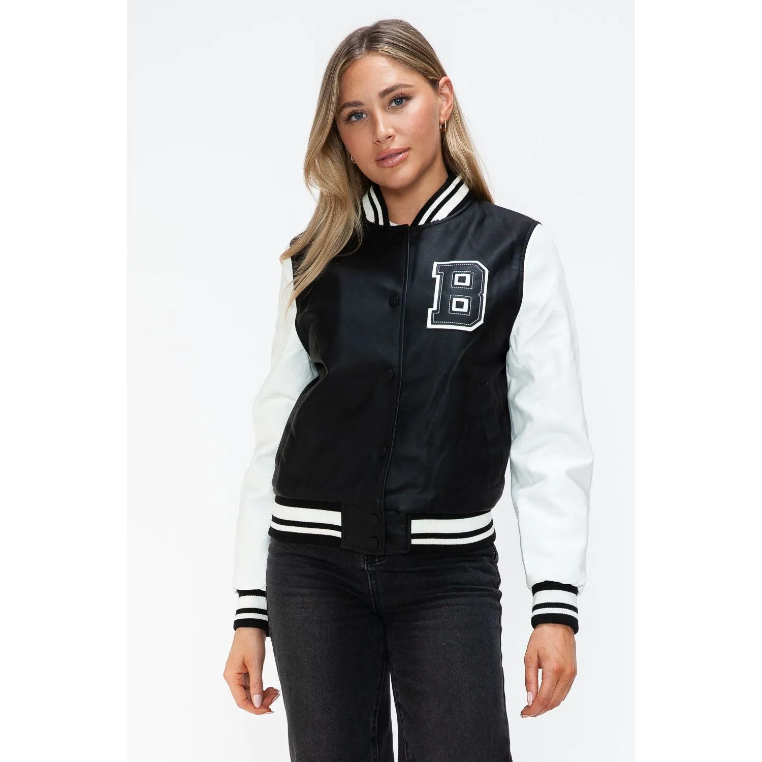 Love Me Now PU Leather Contrast Snap Down Bomber Jacket- Black