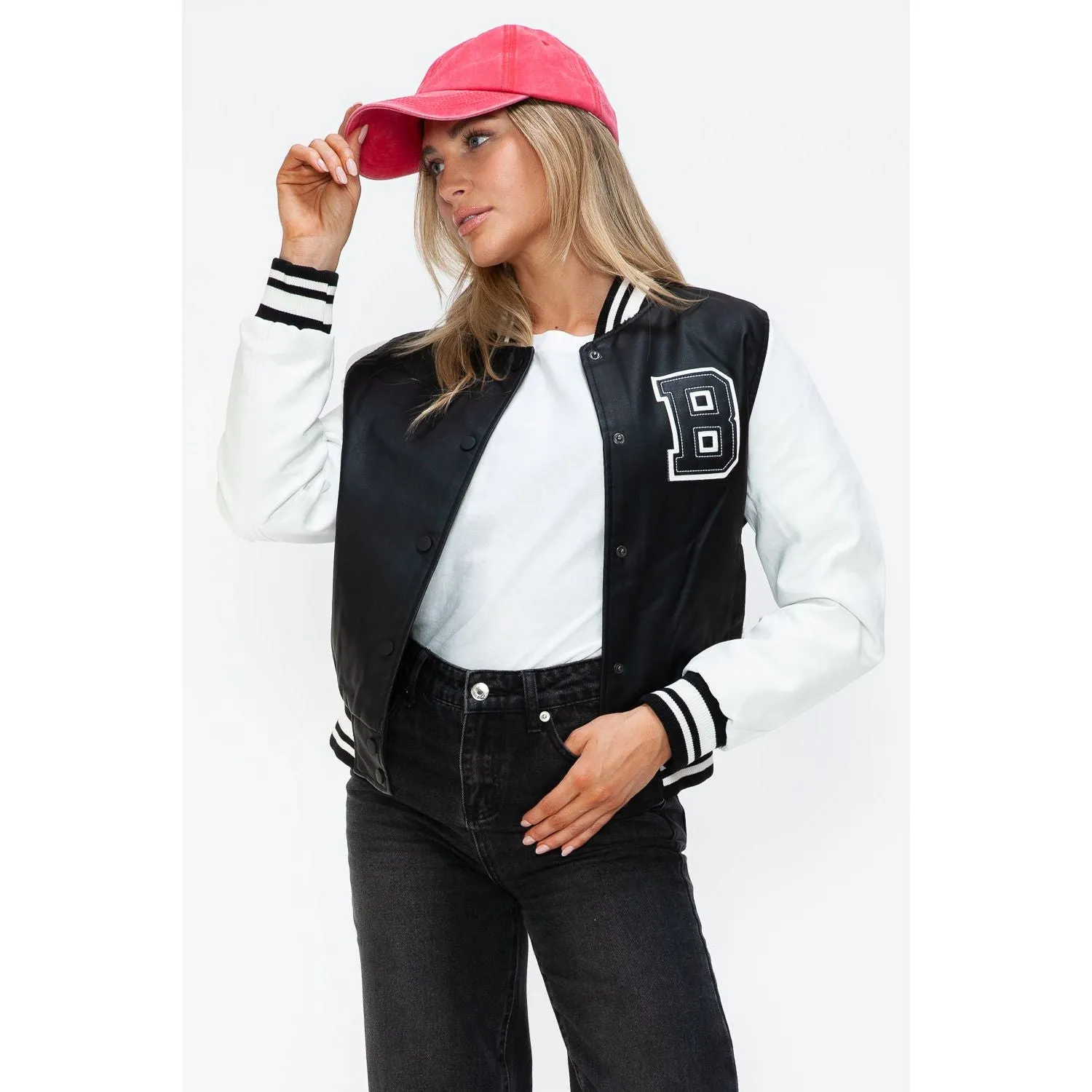 Love Me Now PU Leather Contrast Snap Down Bomber Jacket- Black