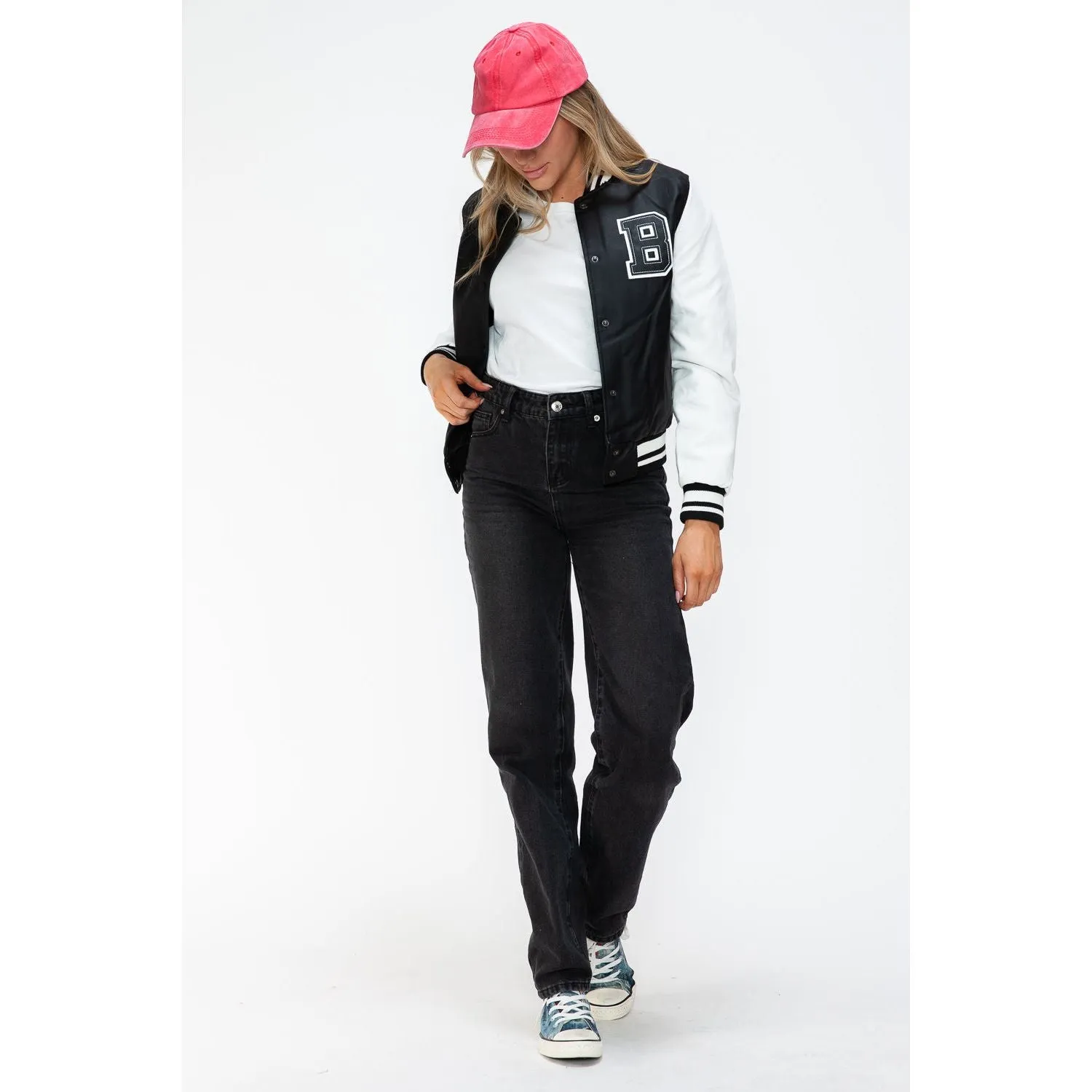 Love Me Now PU Leather Contrast Snap Down Bomber Jacket- Black