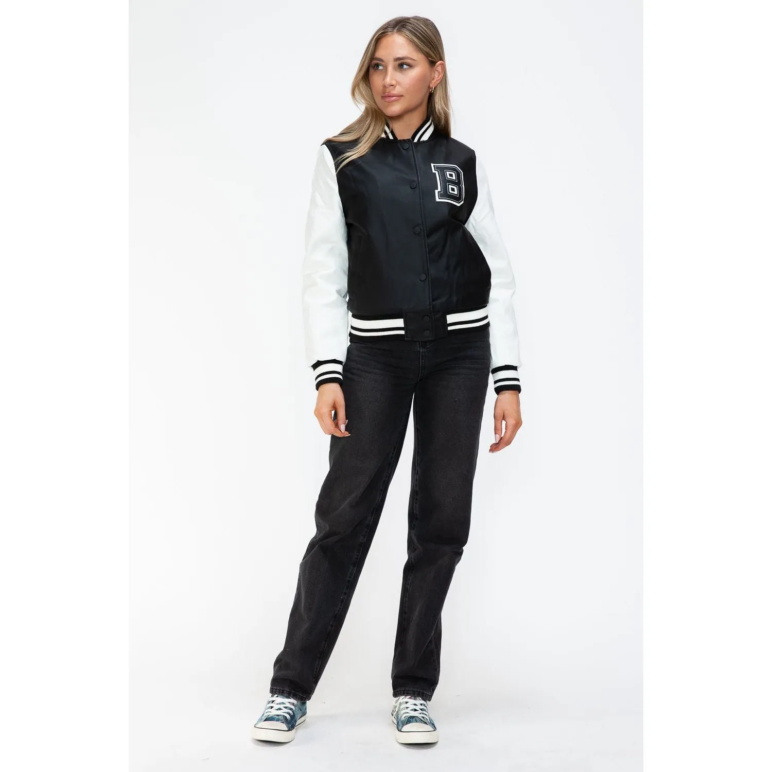 Love Me Now PU Leather Contrast Snap Down Bomber Jacket- Black
