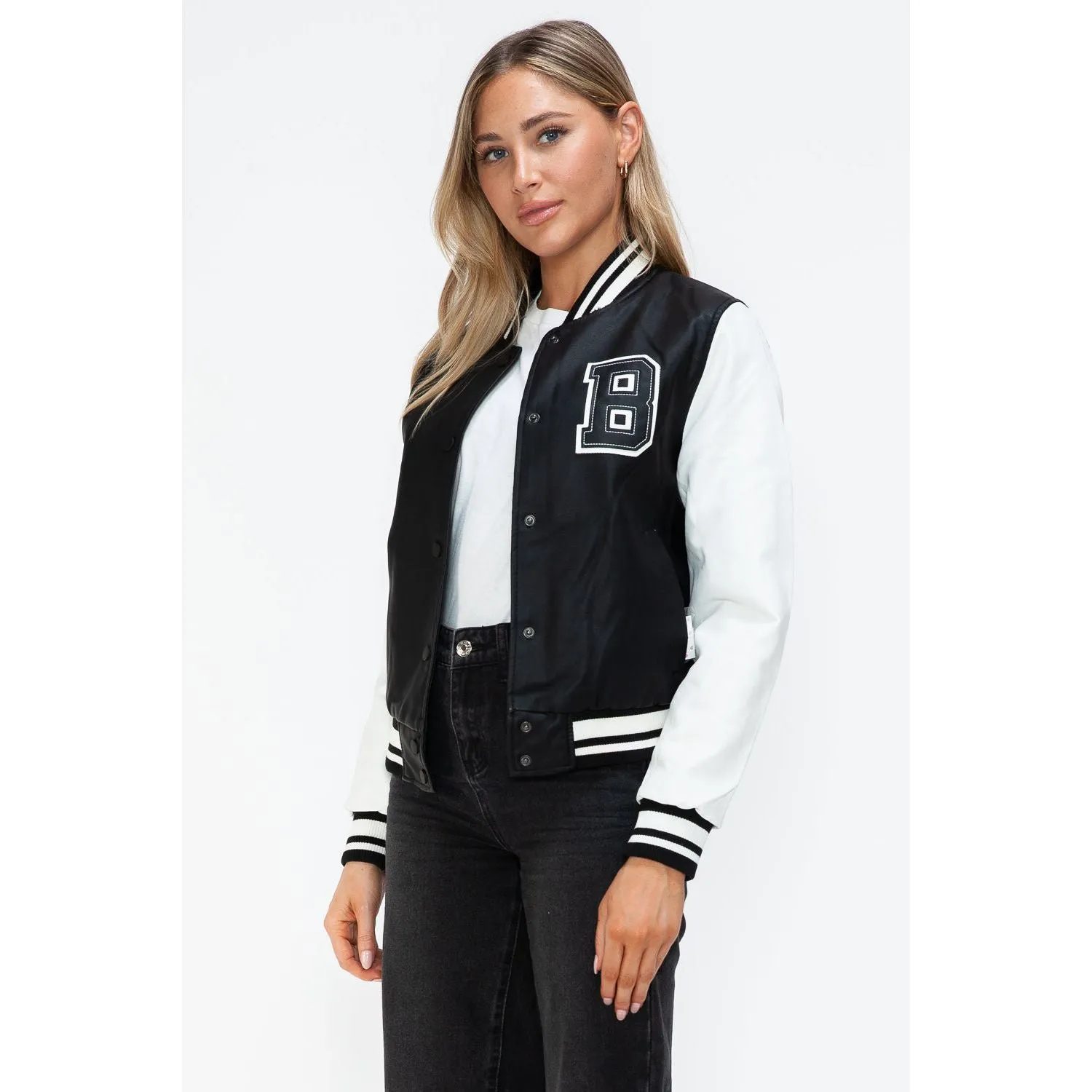 Love Me Now PU Leather Contrast Snap Down Bomber Jacket- Black