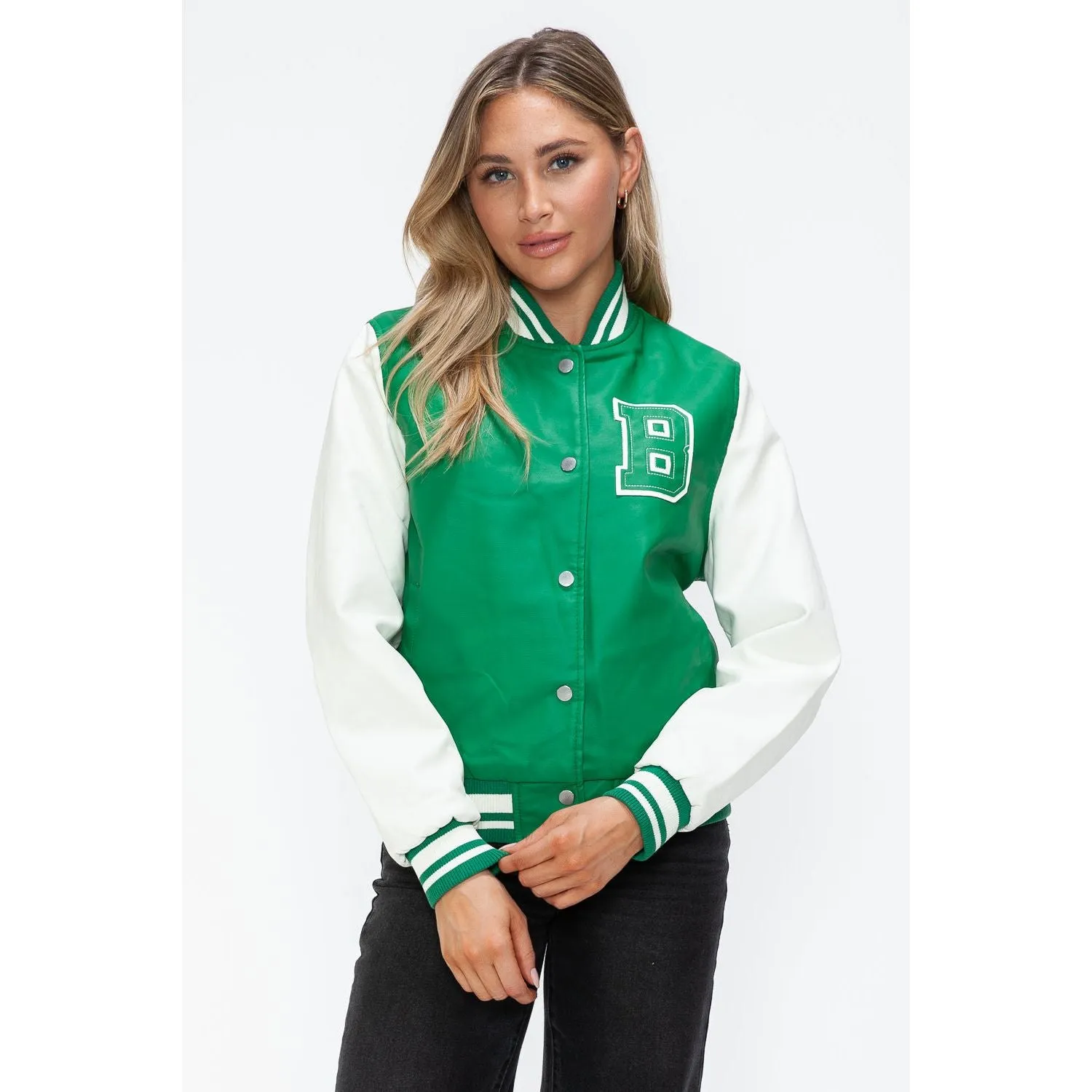 Love Me Now PU Leather Contrast Snap Down Bomber Jacket- Green