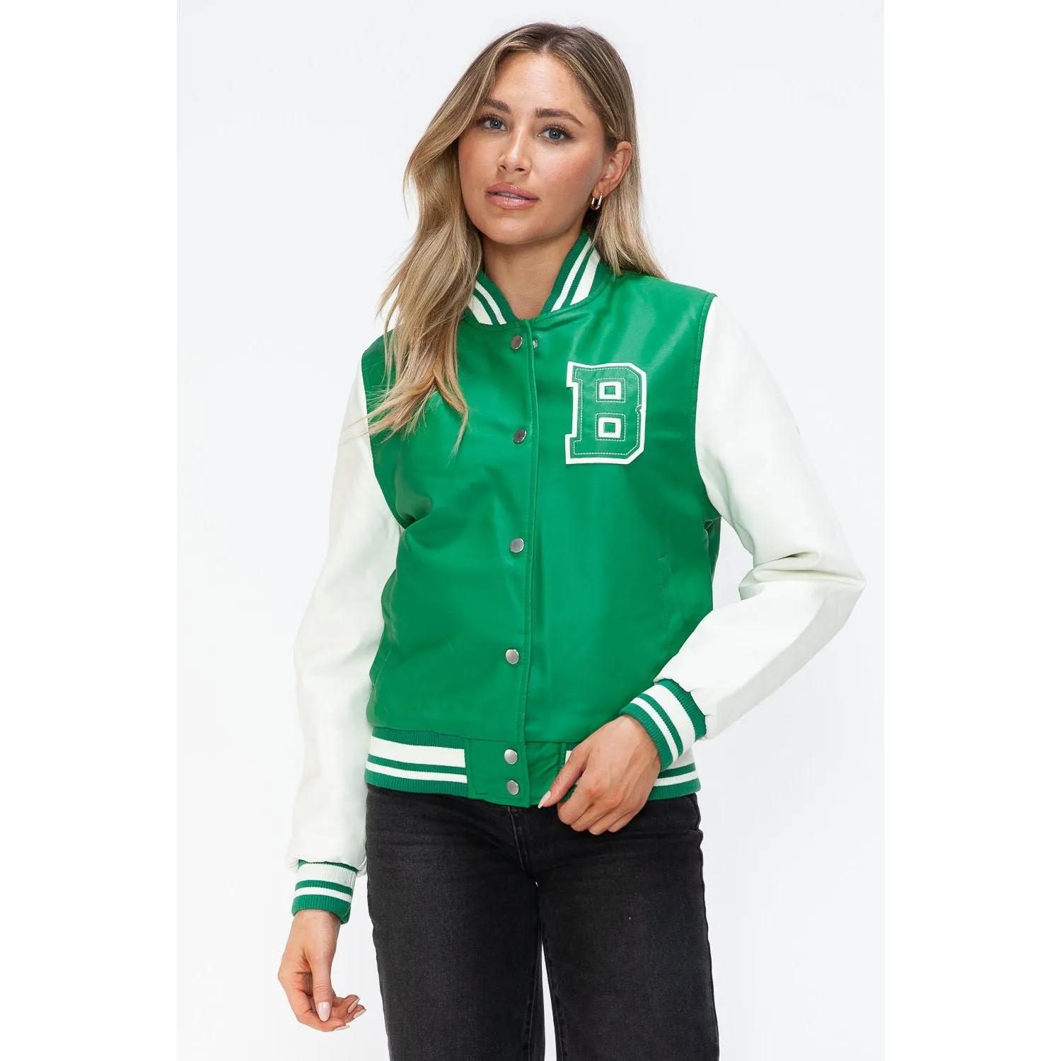 Love Me Now PU Leather Contrast Snap Down Bomber Jacket- Green