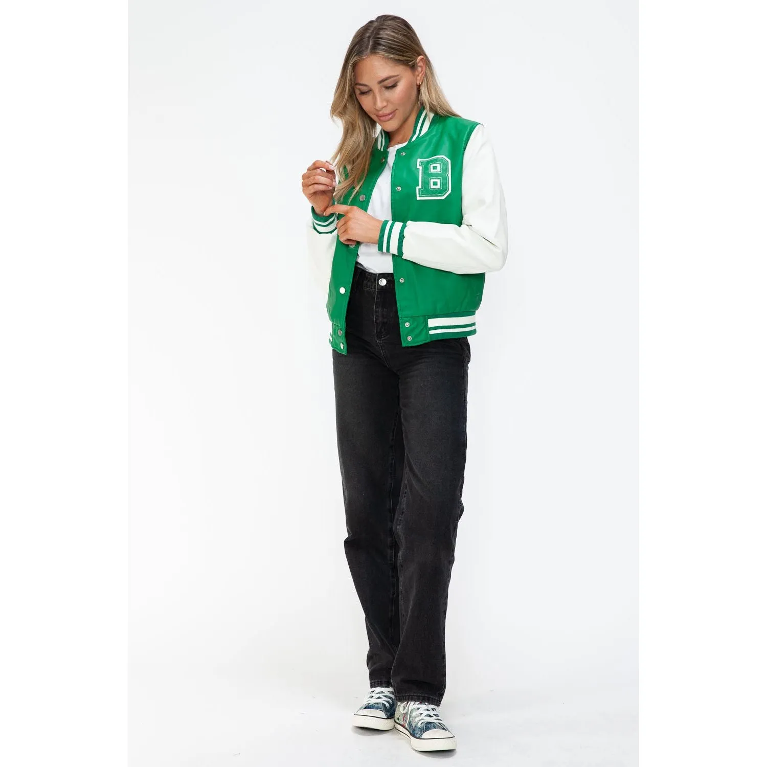 Love Me Now PU Leather Contrast Snap Down Bomber Jacket- Green