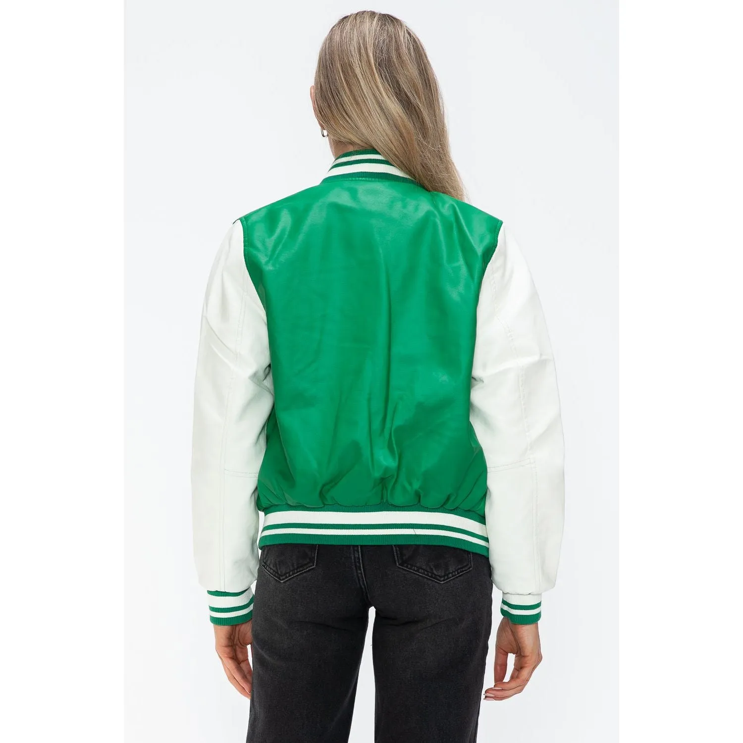Love Me Now PU Leather Contrast Snap Down Bomber Jacket- Green
