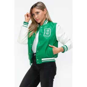 Love Me Now PU Leather Contrast Snap Down Bomber Jacket- Green