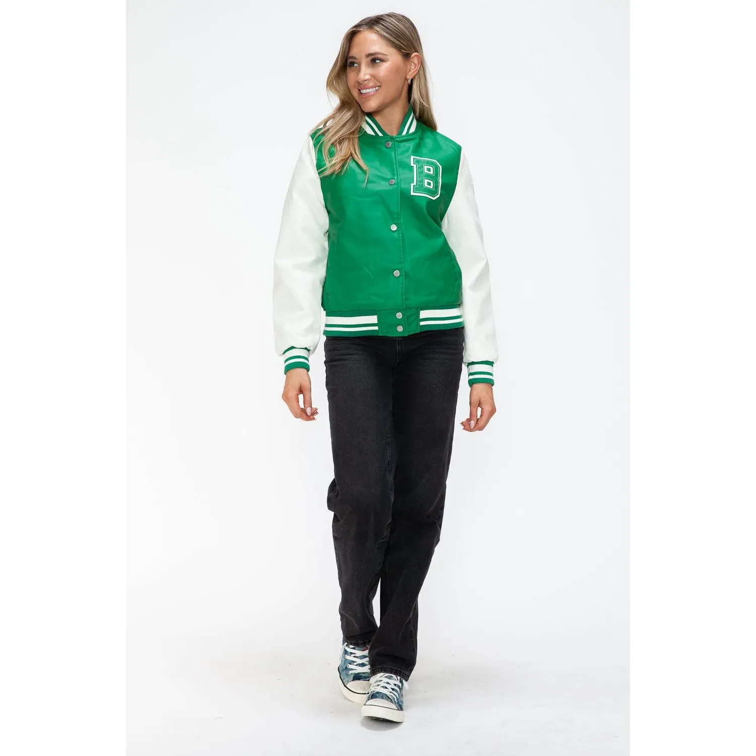 Love Me Now PU Leather Contrast Snap Down Bomber Jacket- Green
