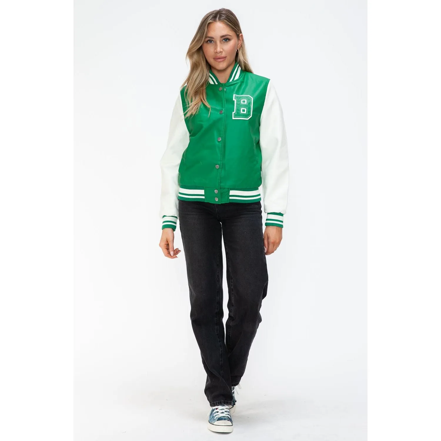 Love Me Now PU Leather Contrast Snap Down Bomber Jacket- Green