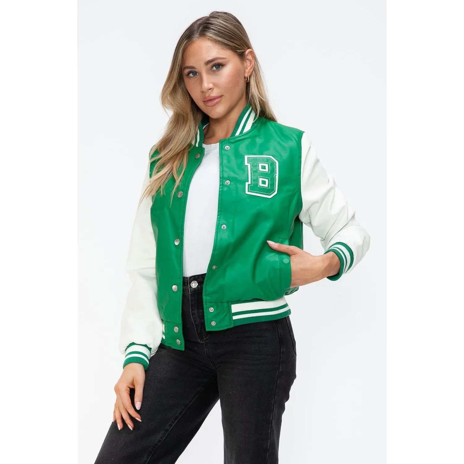 Love Me Now PU Leather Contrast Snap Down Bomber Jacket- Green