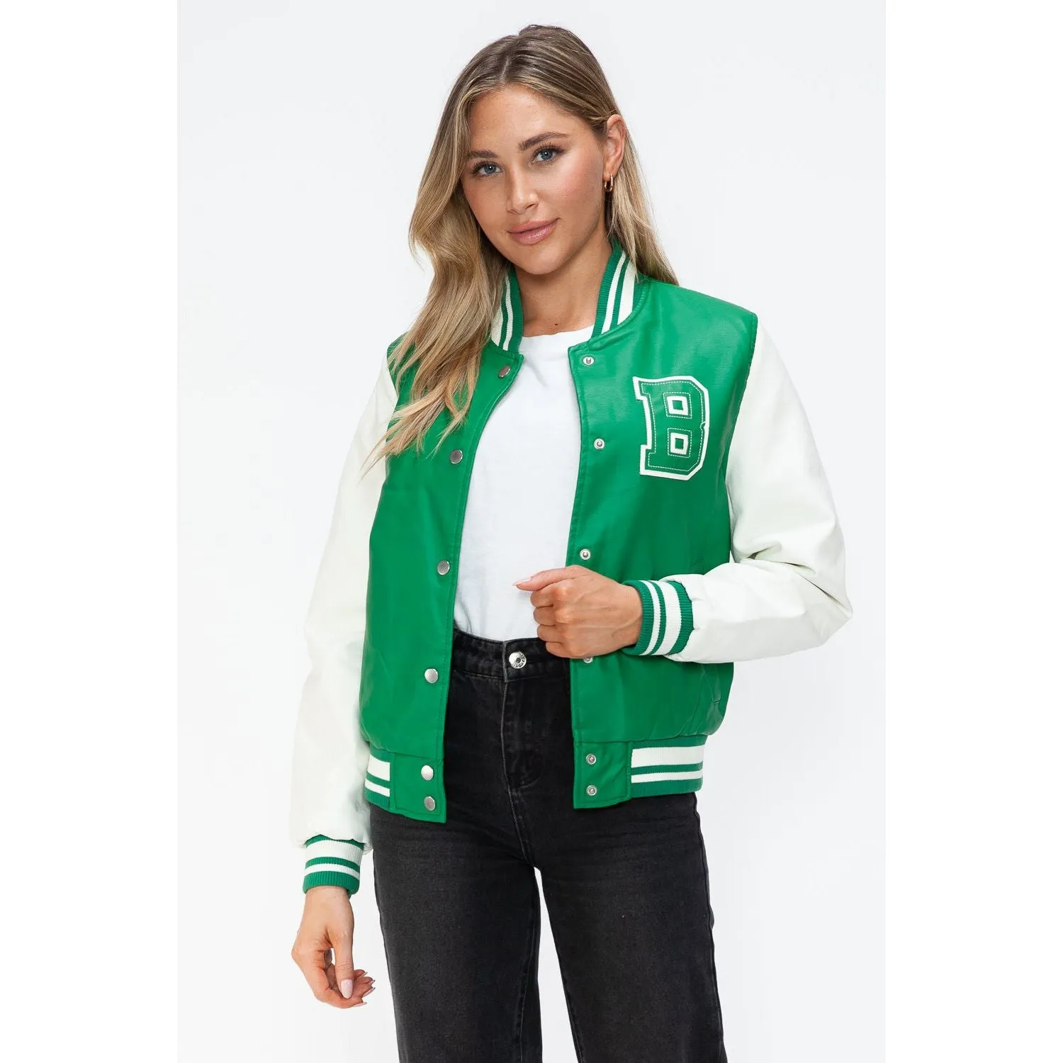 Love Me Now PU Leather Contrast Snap Down Bomber Jacket- Green