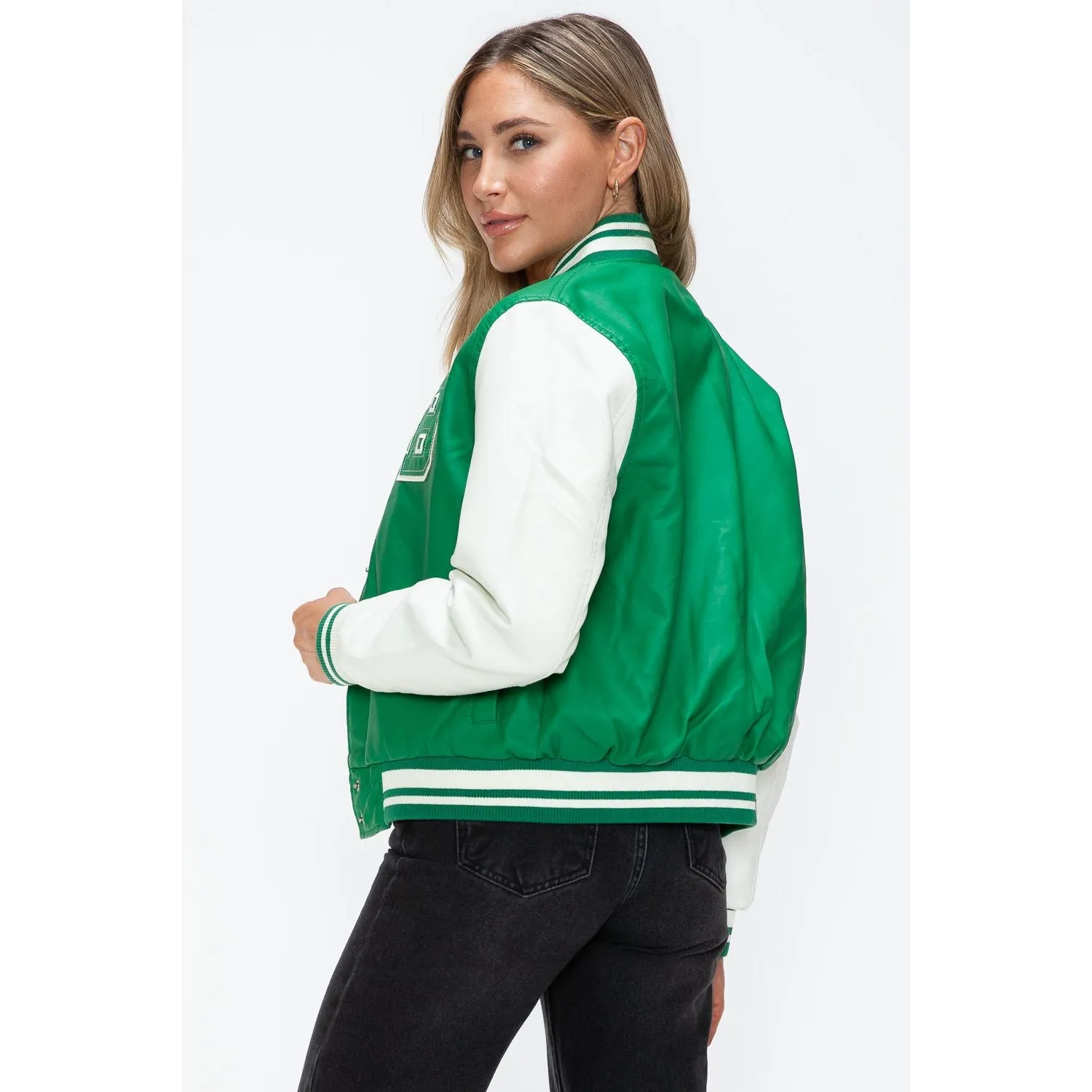 Love Me Now PU Leather Contrast Snap Down Bomber Jacket- Green