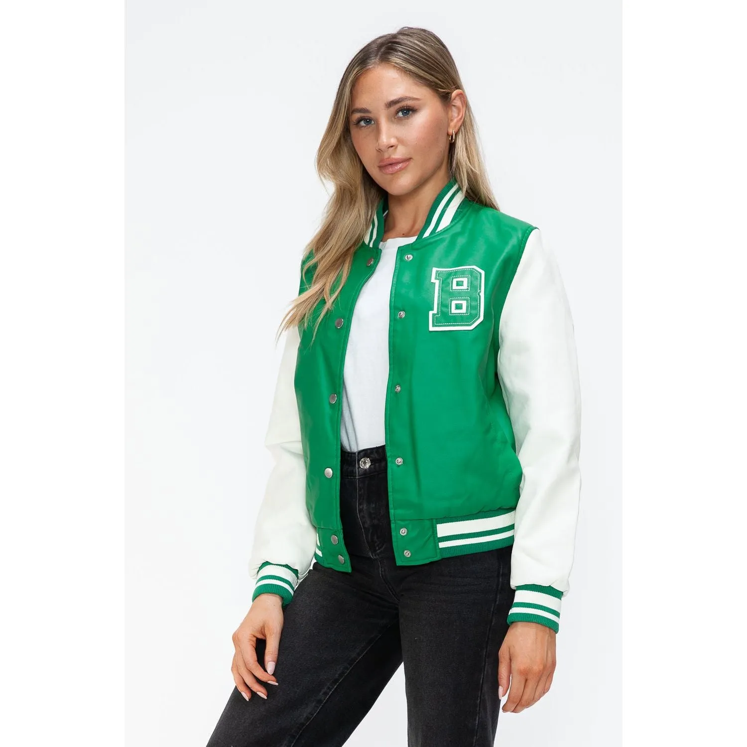 Love Me Now PU Leather Contrast Snap Down Bomber Jacket- Green