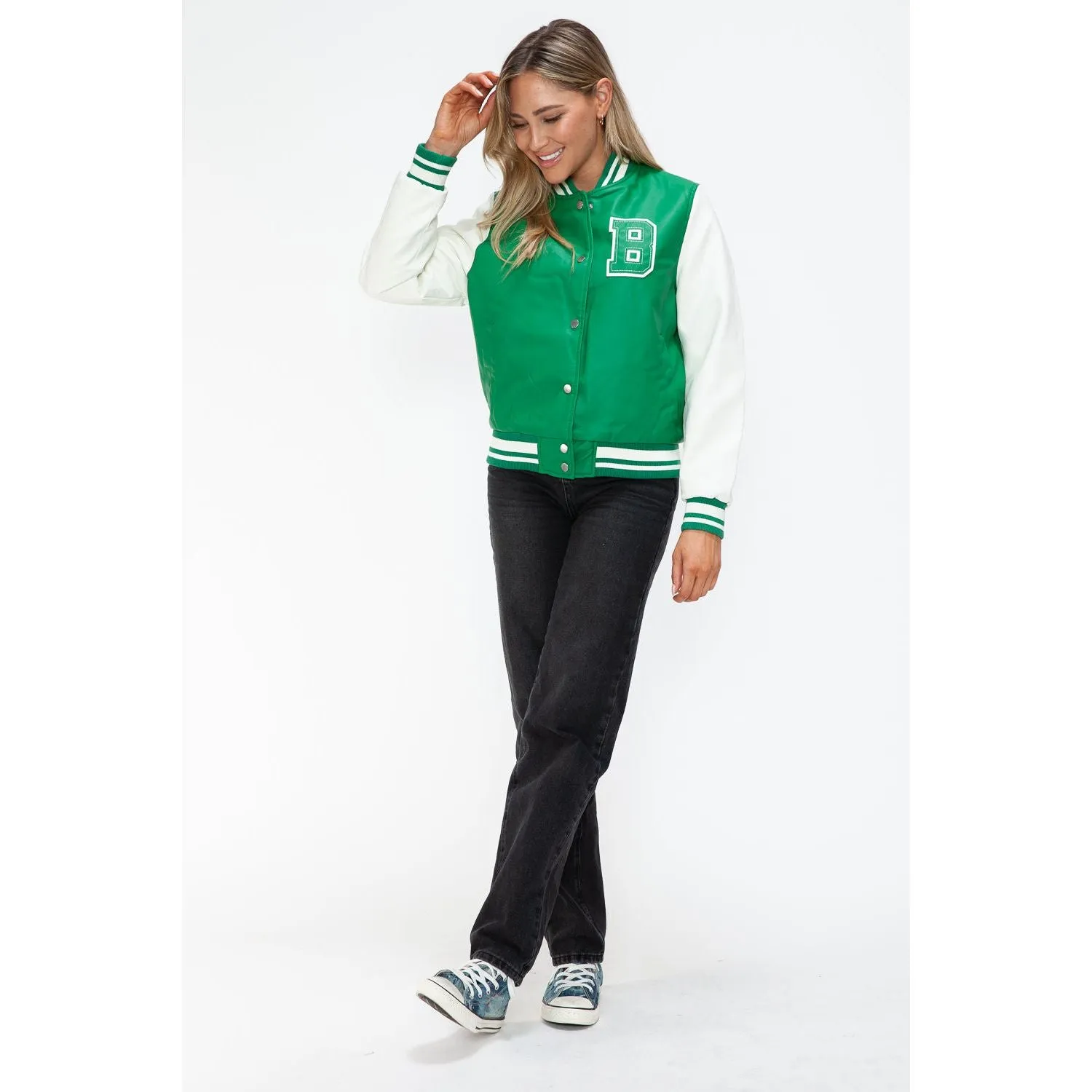 Love Me Now PU Leather Contrast Snap Down Bomber Jacket- Green