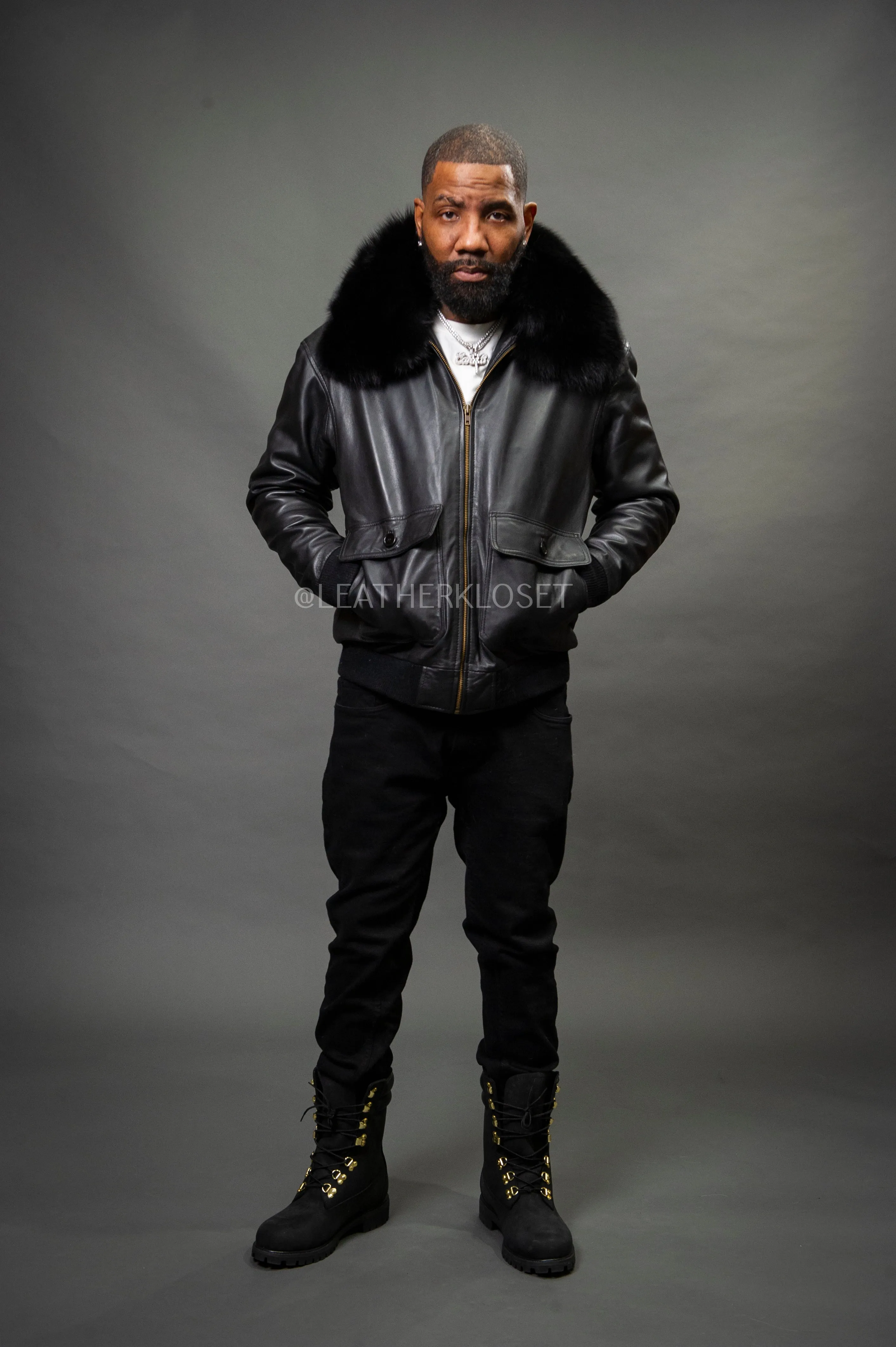 Men's Pilot Aviator Jacket With Fox Collar [Black Fox]