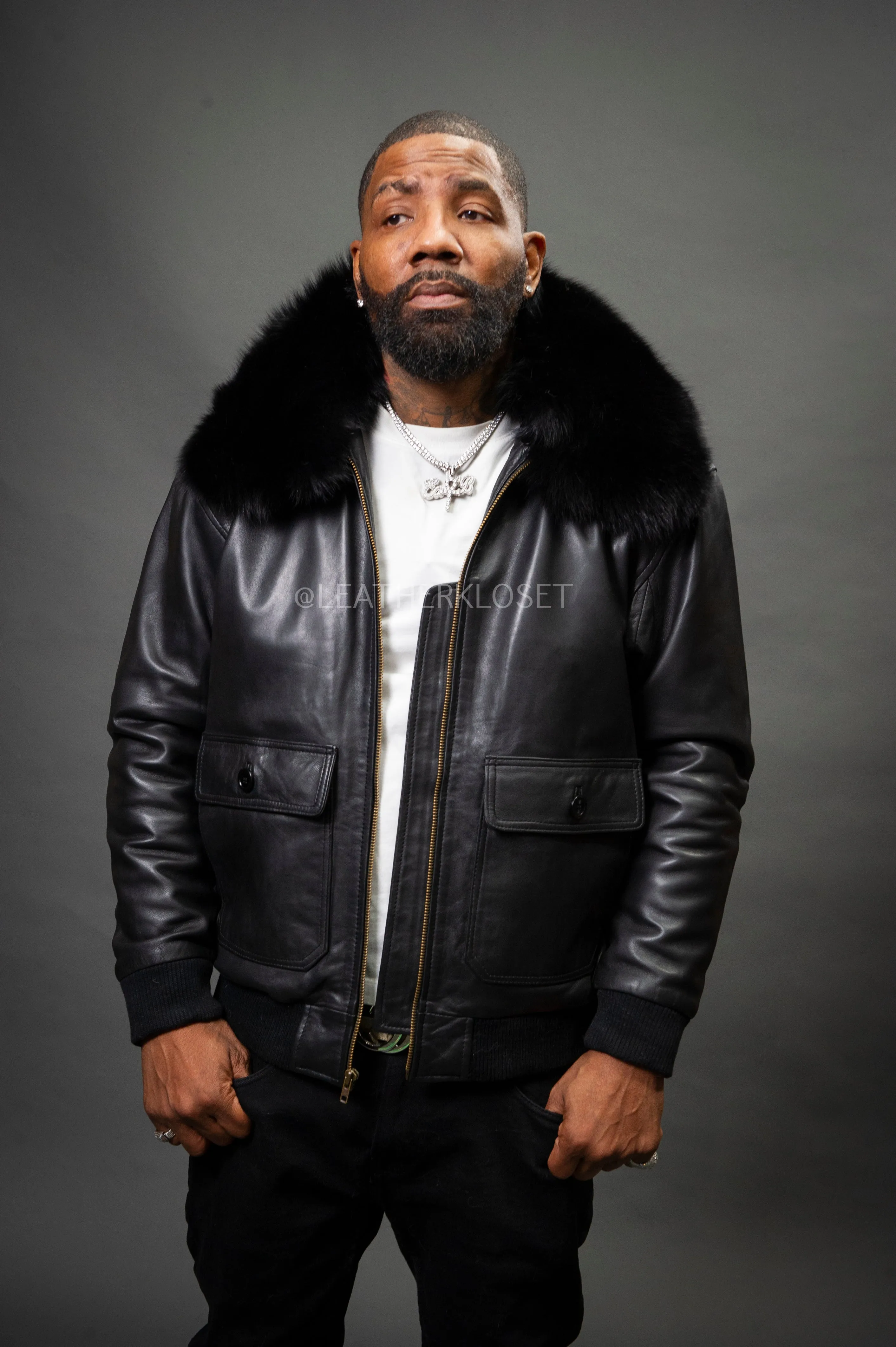 Men's Pilot Aviator Jacket With Fox Collar [Black Fox]