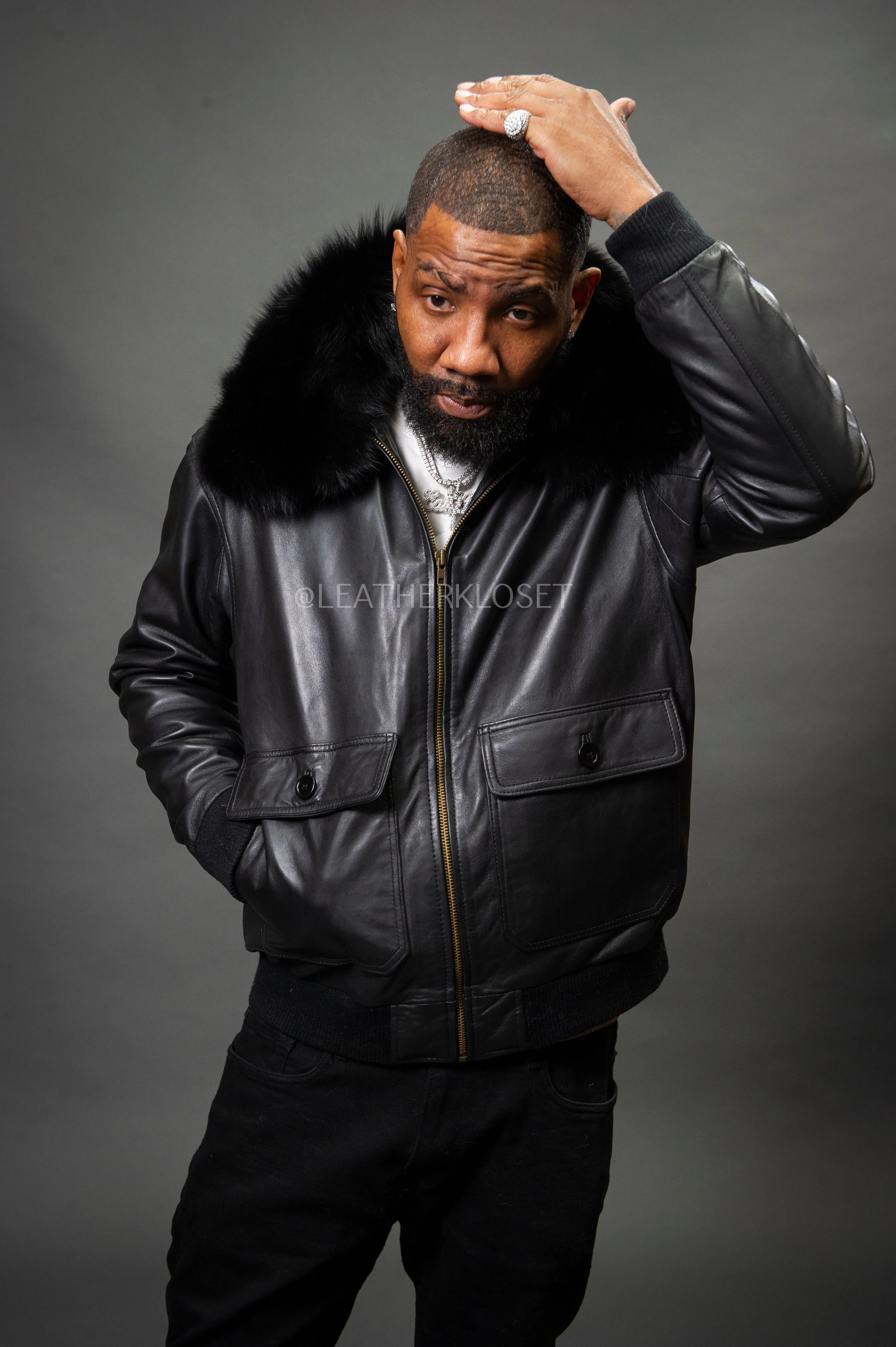 Men's Pilot Aviator Jacket With Fox Collar [Black Fox]