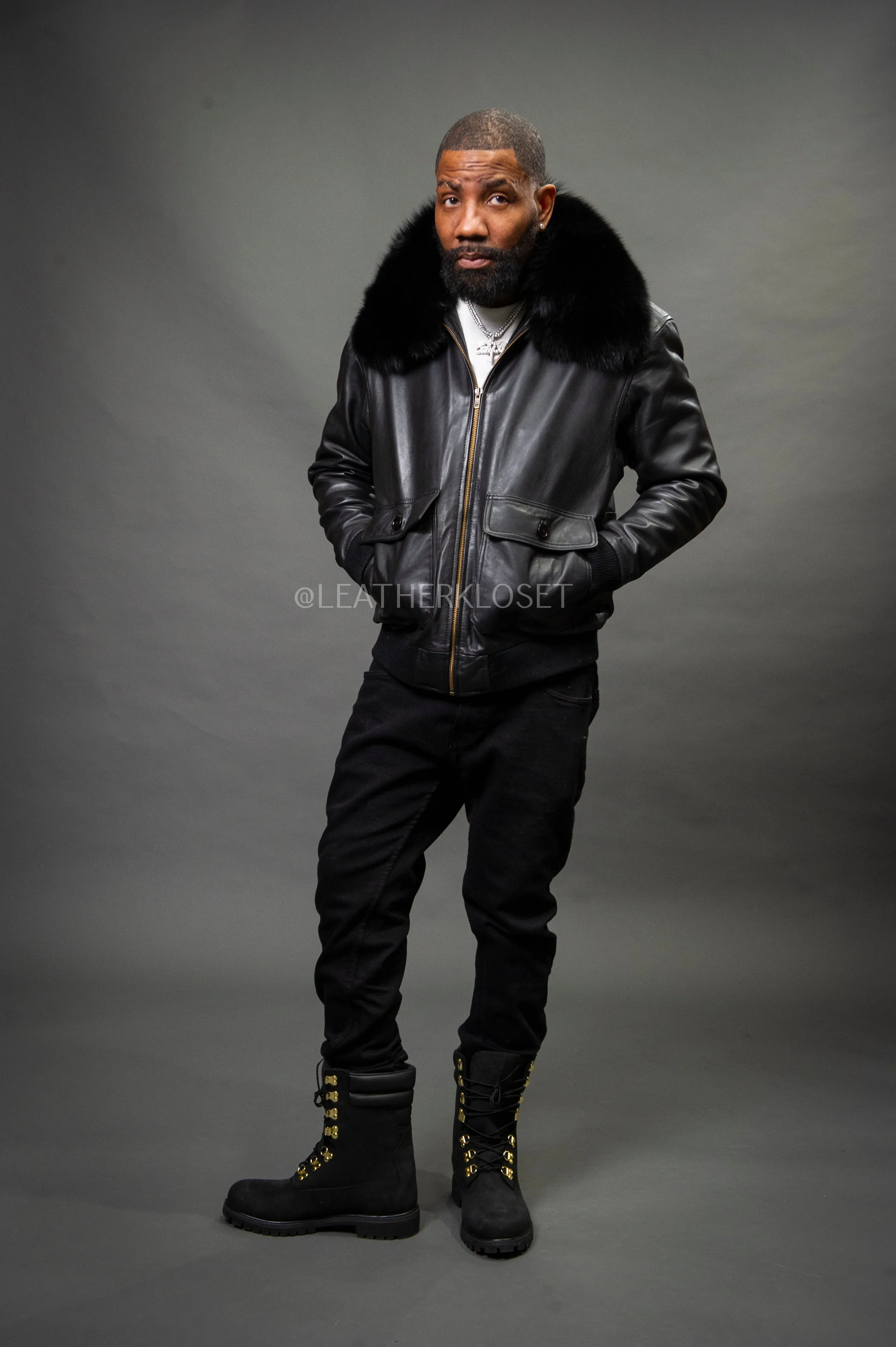 Men's Pilot Aviator Jacket With Fox Collar [Black Fox]