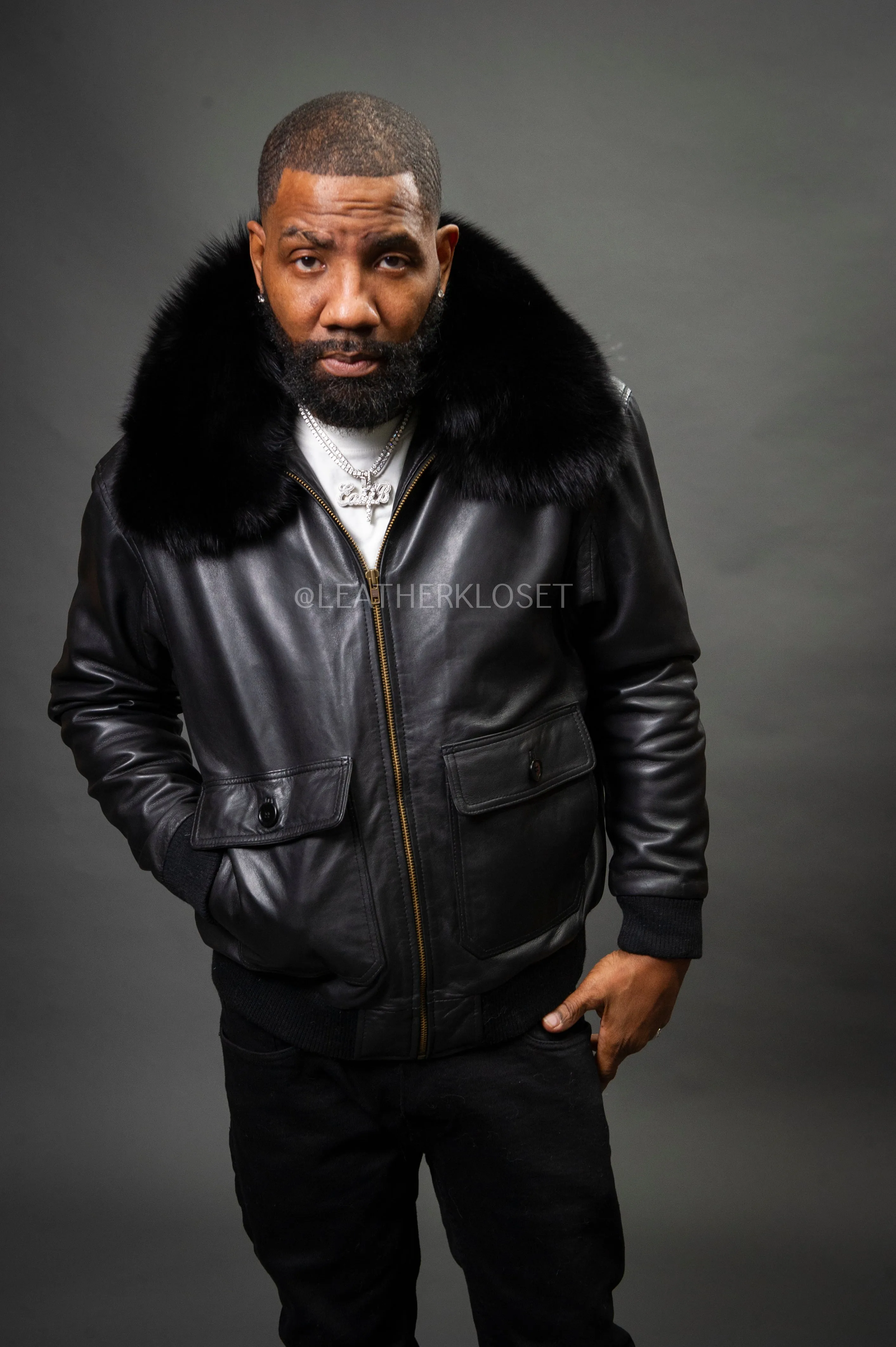 Men's Pilot Aviator Jacket With Fox Collar [Black Fox]