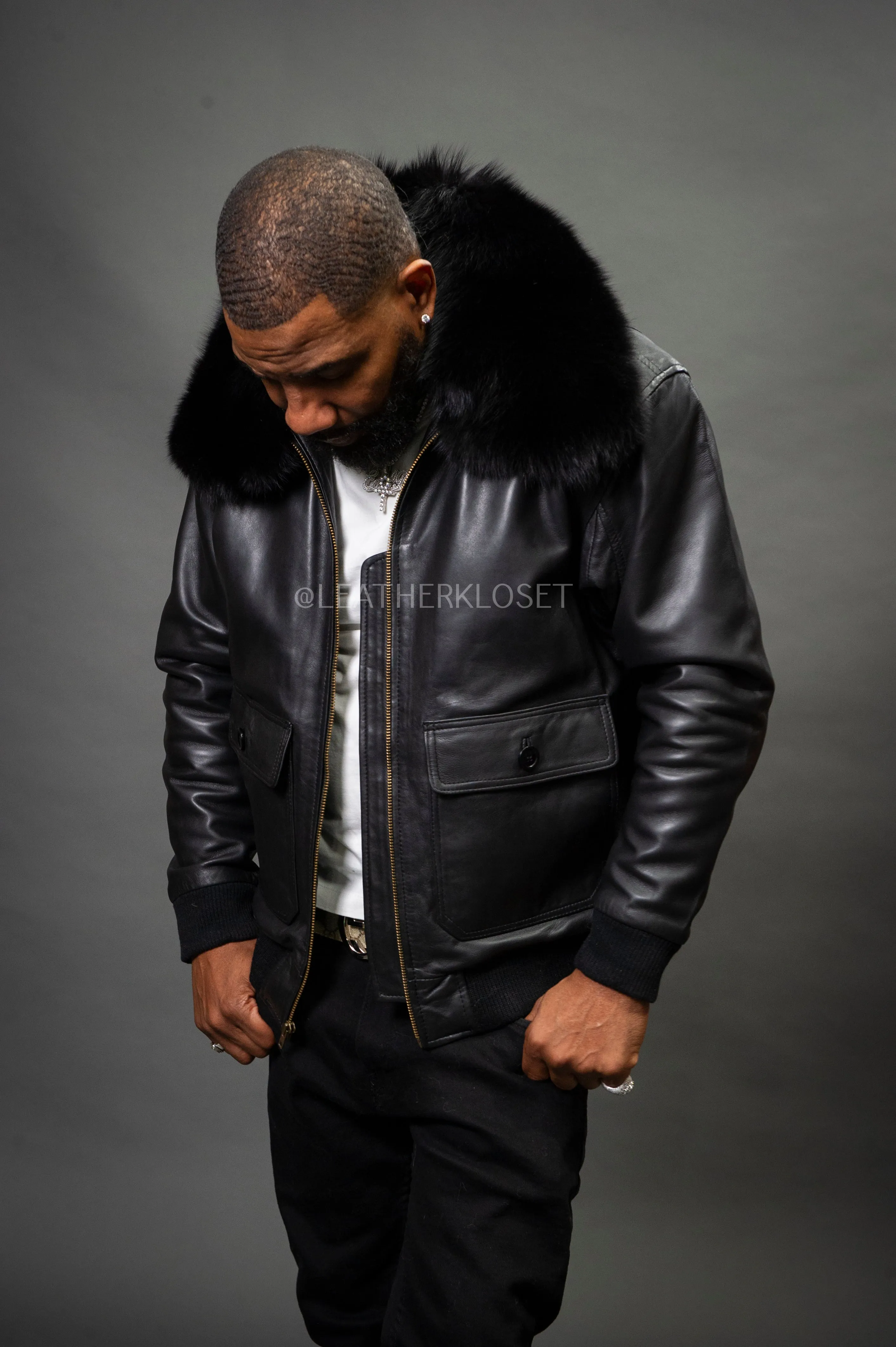 Men's Pilot Aviator Jacket With Fox Collar [Black Fox]
