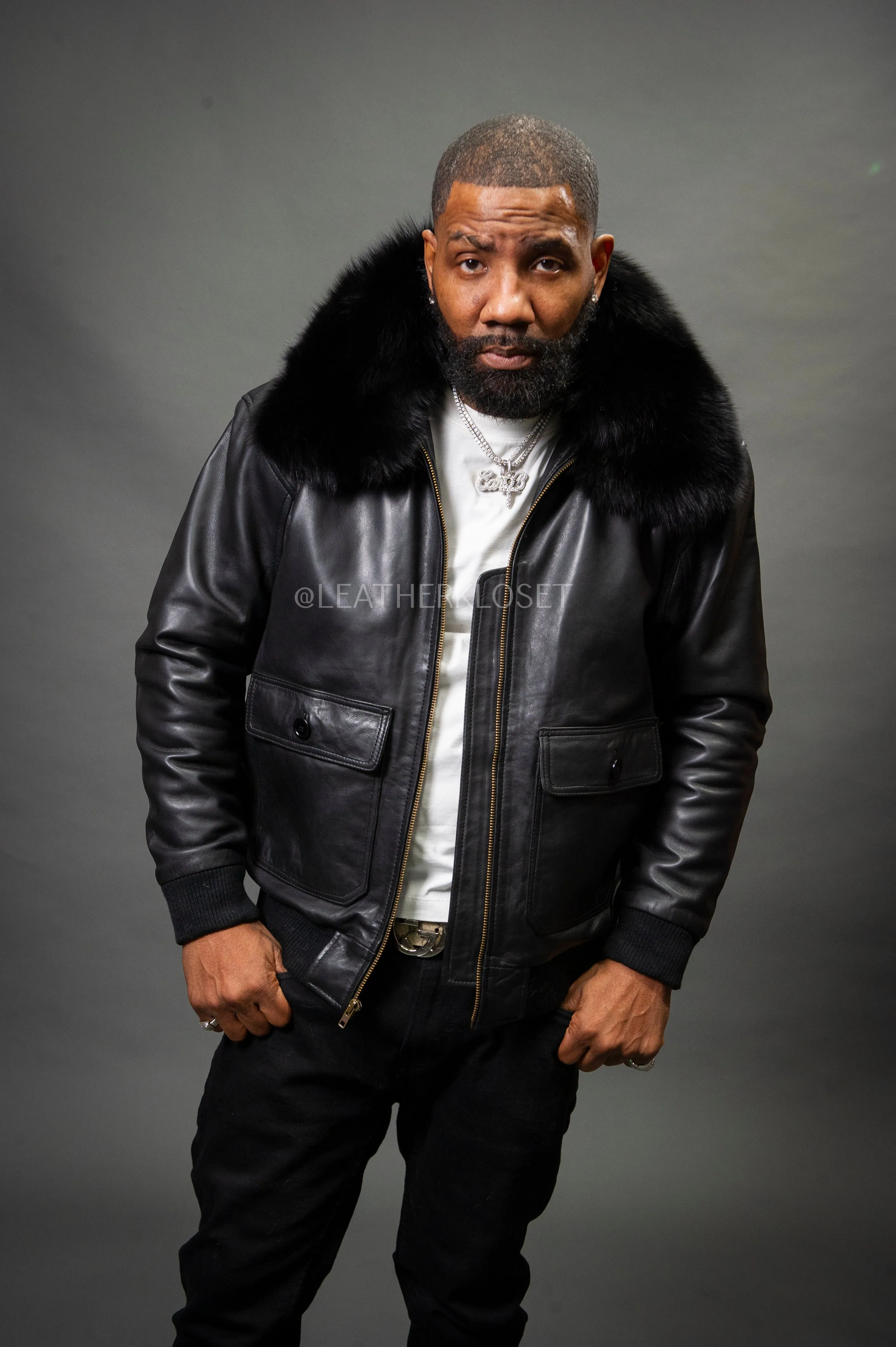 Men's Pilot Aviator Jacket With Fox Collar [Black Fox]