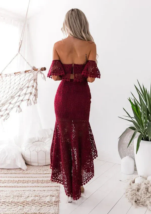Mermaid Off-Shoulder High-Low Lace Burgundy Prom Dresses Party Dresses Wholesale
