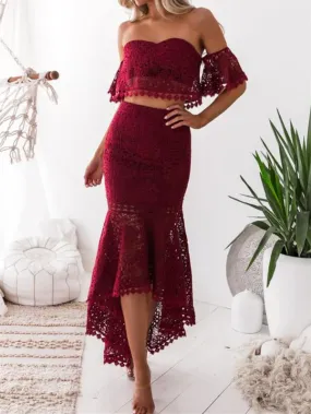 Mermaid Off-Shoulder High-Low Lace Burgundy Prom Dresses Party Dresses Wholesale