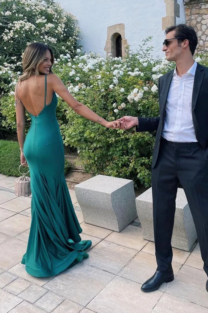 Mermaid Satin Long Prom Dresses Backless Party Dresses V-neck Sexy