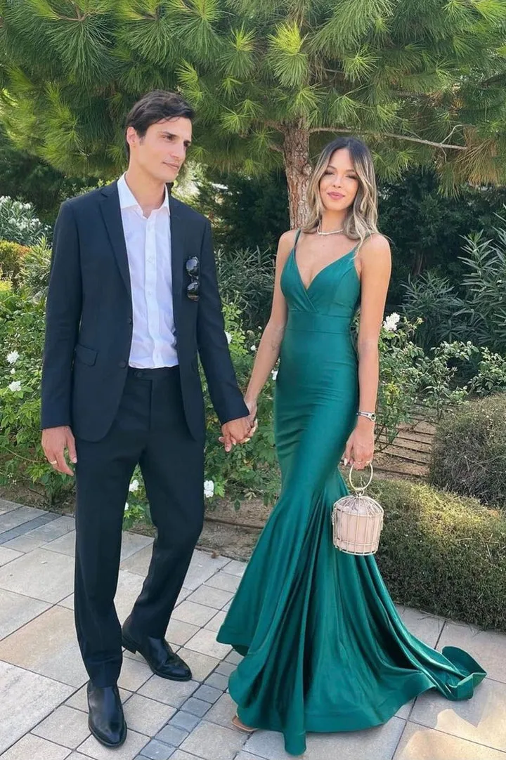 Mermaid Satin Long Prom Dresses Backless Party Dresses V-neck Sexy