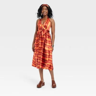 New - Black History Month Women's House of Aama Halter Neck A-Line Dress - Red Striped XL