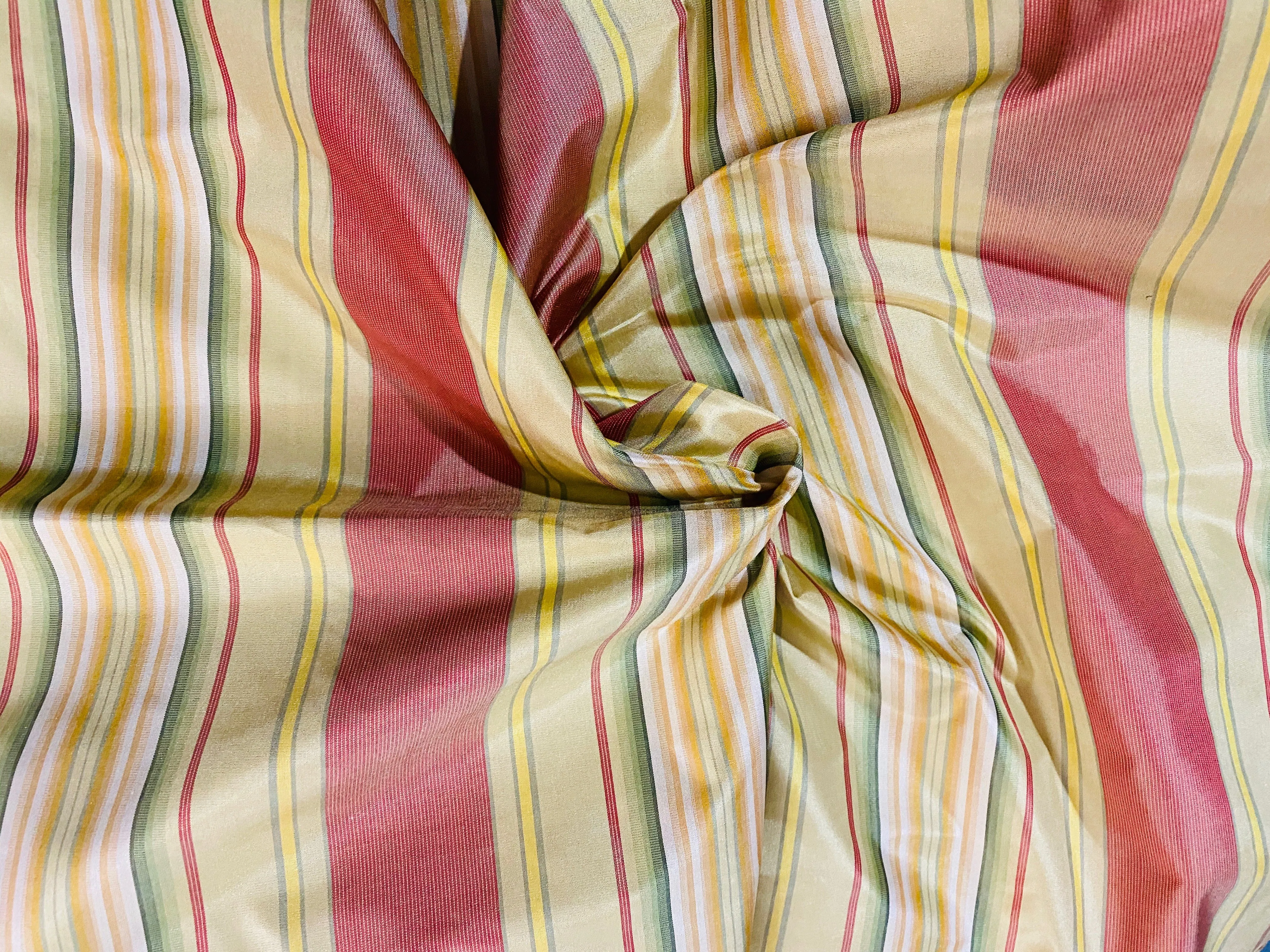 NEW Queen Antoinette 100% Silk Taffeta Interior Design Fabric Faded Stripes Motif in Yellow