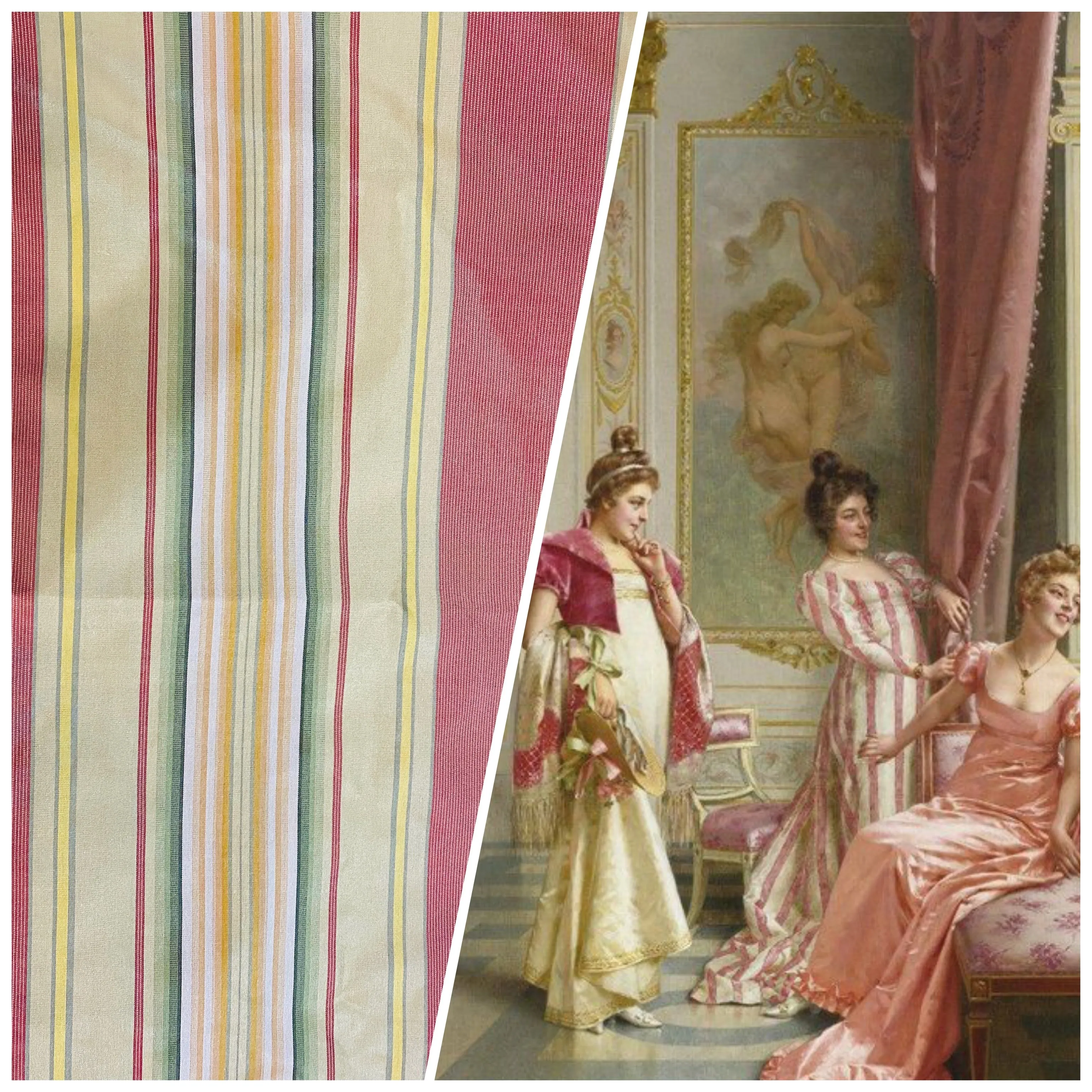 NEW Queen Antoinette 100% Silk Taffeta Interior Design Fabric Faded Stripes Motif in Yellow