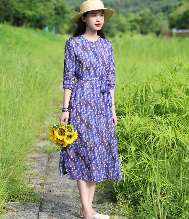 Purple Floral Women Dresses Casual Summer Linen Women Dresses SJ97215