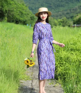 Purple Floral Women Dresses Casual Summer Linen Women Dresses SJ97215