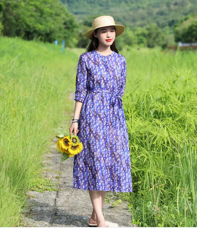 Purple Floral Women Dresses Casual Summer Linen Women Dresses SJ97215