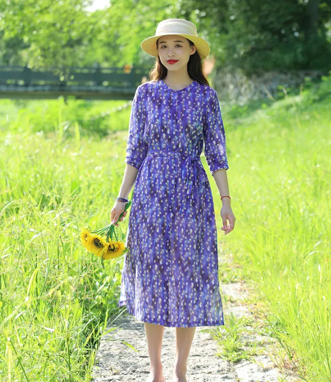 Purple Floral Women Dresses Casual Summer Linen Women Dresses SJ97215