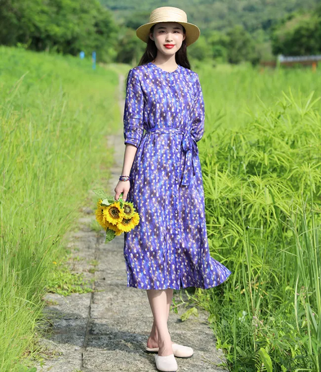 Purple Floral Women Dresses Casual Summer Linen Women Dresses SJ97215