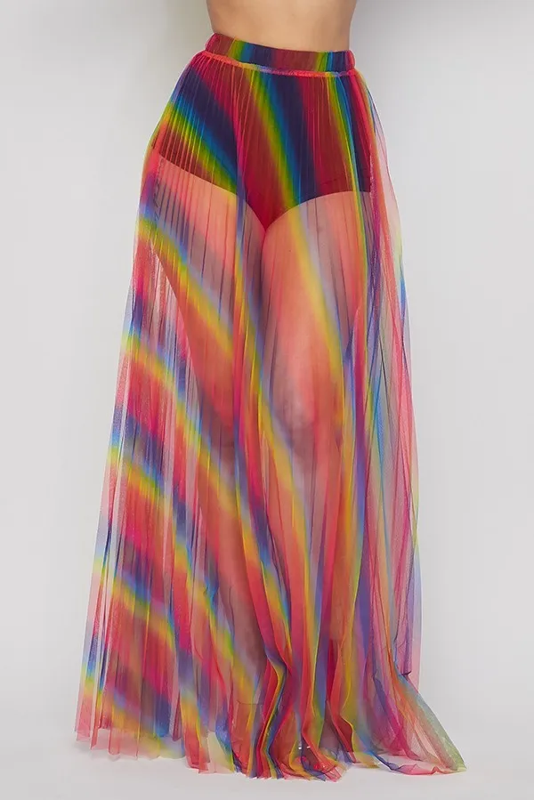 Rainbow Pleated Sheer Maxi Skirt - Multicolor