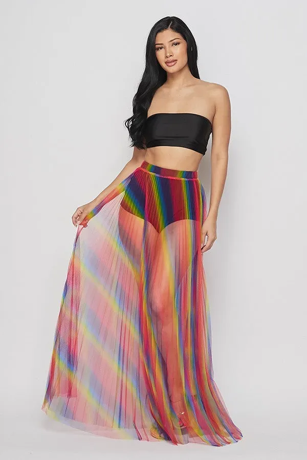 Rainbow Pleated Sheer Maxi Skirt - Multicolor