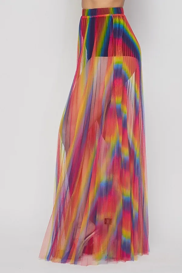 Rainbow Pleated Sheer Maxi Skirt - Multicolor