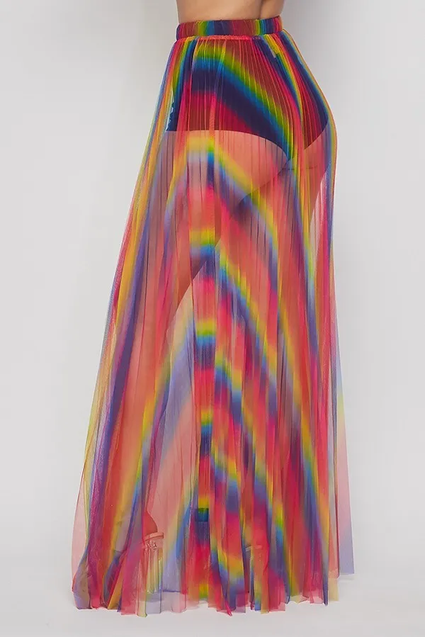 Rainbow Pleated Sheer Maxi Skirt - Multicolor