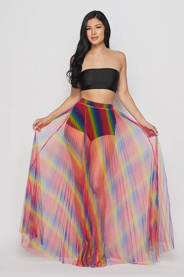 Rainbow Pleated Sheer Maxi Skirt - Multicolor