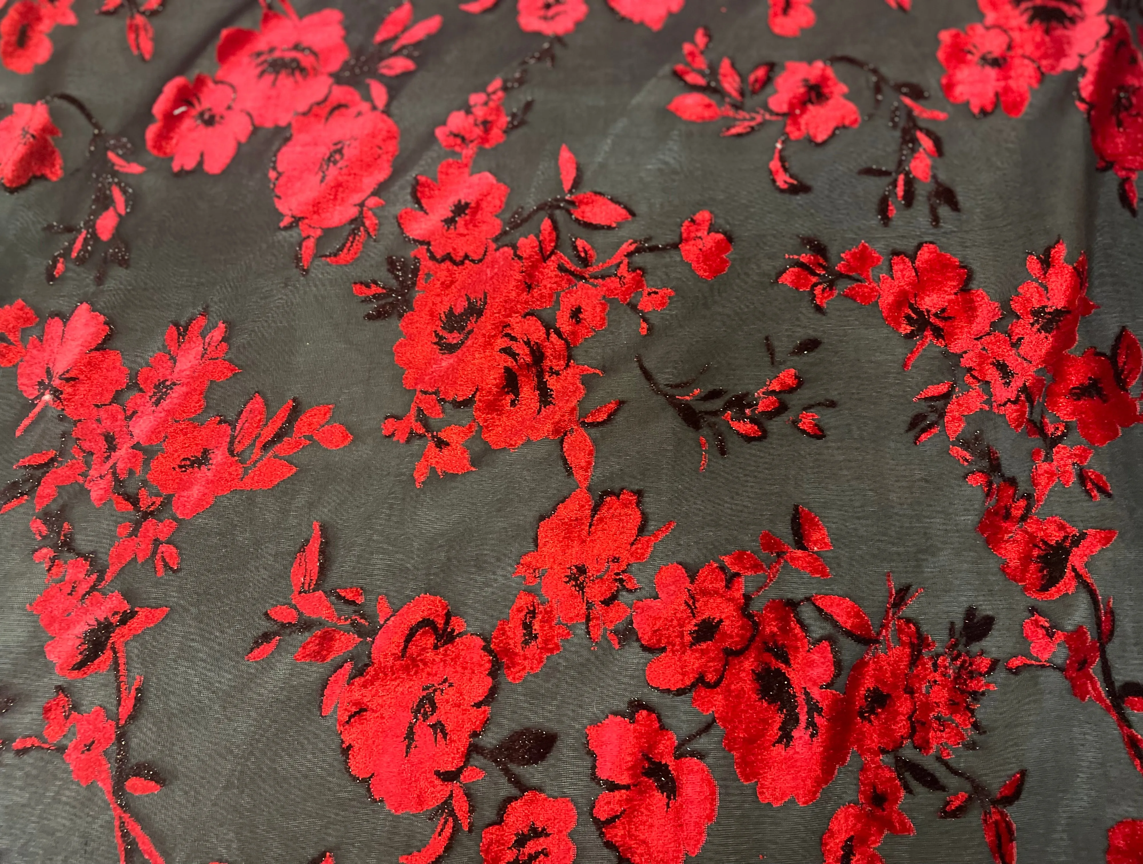 Rose Floral Print Velvet Burnout Mesh - Red & Black