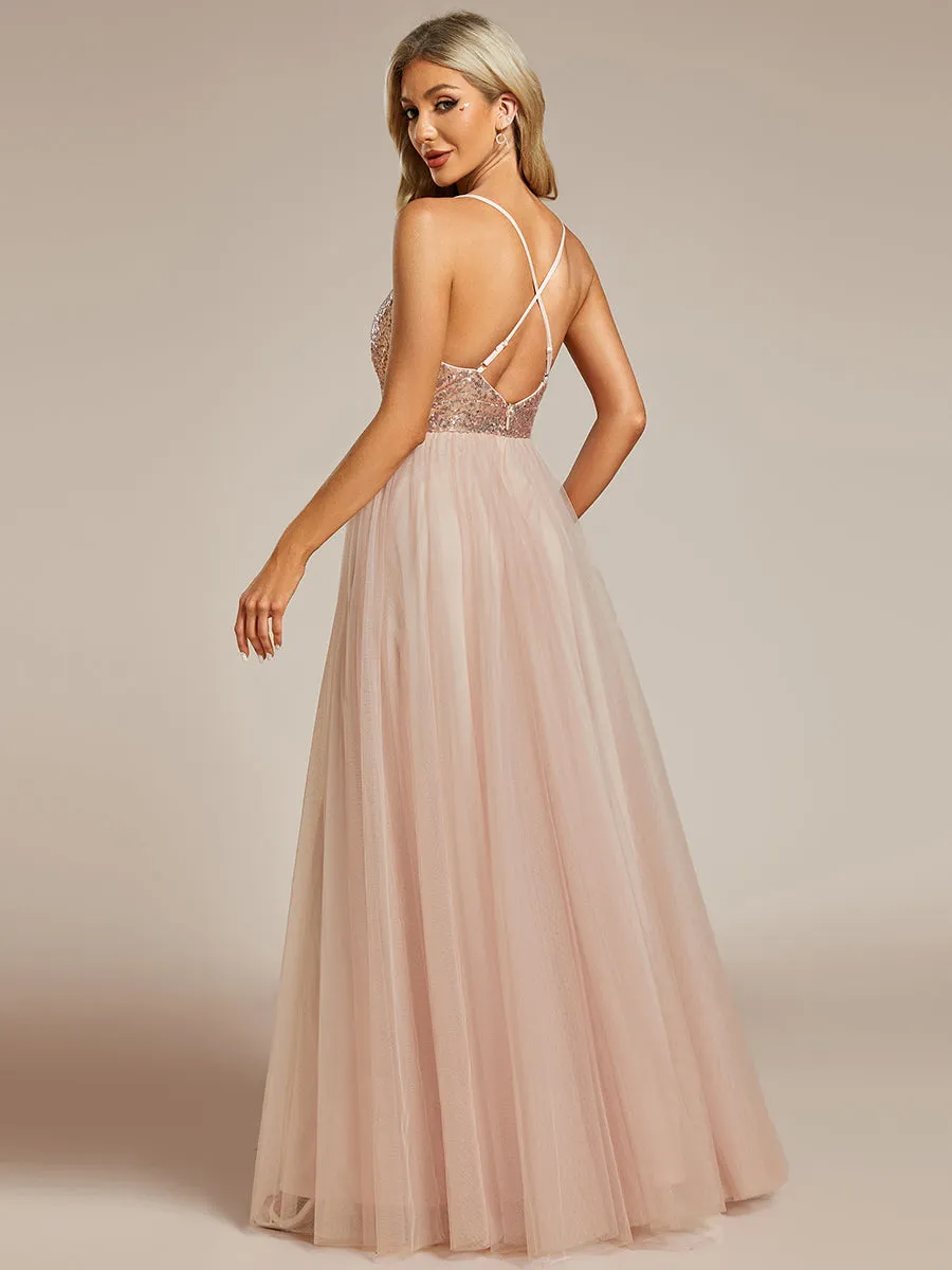 Shimmer Sequin Spaghetti Strap V Neck Evening Dress