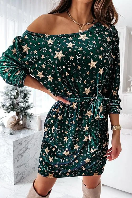 Star Print Drop Shoulder Belted Dress